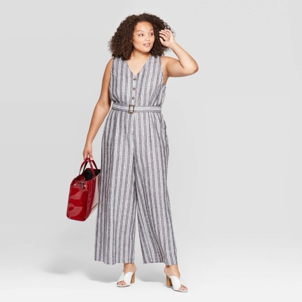 Who What Wear gray and white striped belted jumpsuit